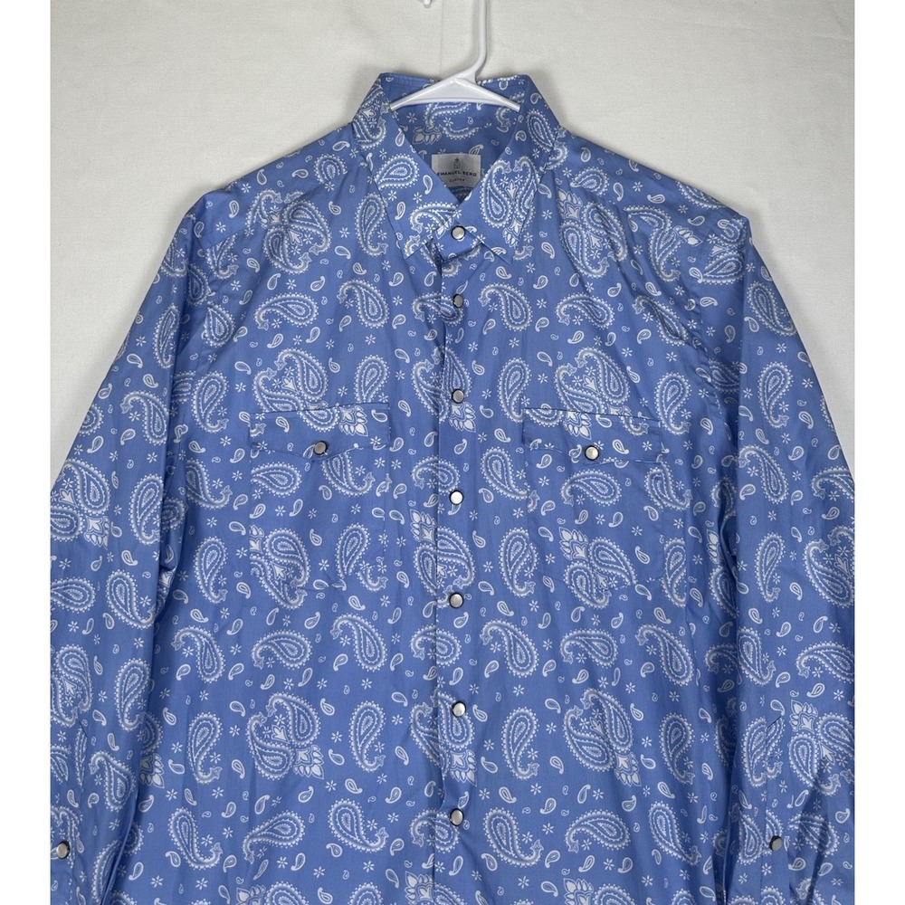 Emanuel Berg Shirt Mens 2XL XL Blue Paisley Pearl Snap Long Sleeve Button Custom